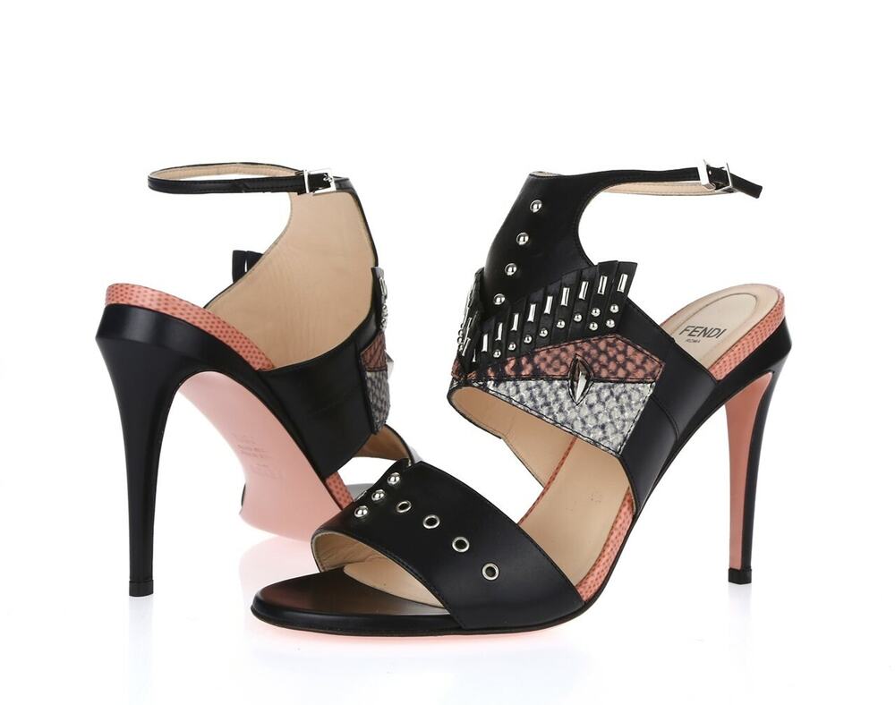 FENDI Rocker Bug Black Studded Leather Buckles Ankle Strap Sandals Size 38.5